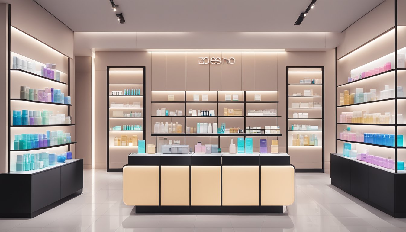 A modern skincare boutique in Singapore displays Zo Skin Health products on sleek shelves, with bright lighting and minimalist decor