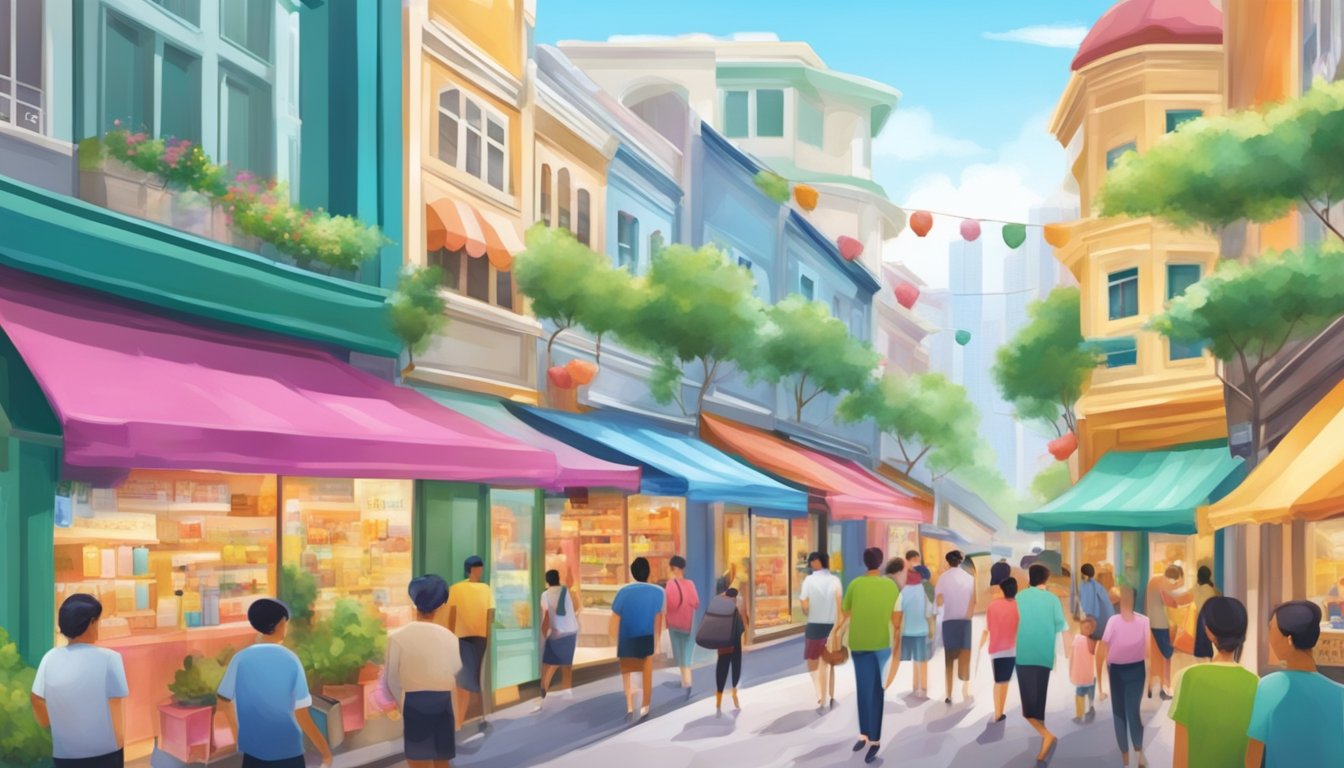A bustling Singapore street with colorful storefronts, featuring prominent ZO Skin Health Retailers. The vibrant atmosphere and diverse crowd add to the allure