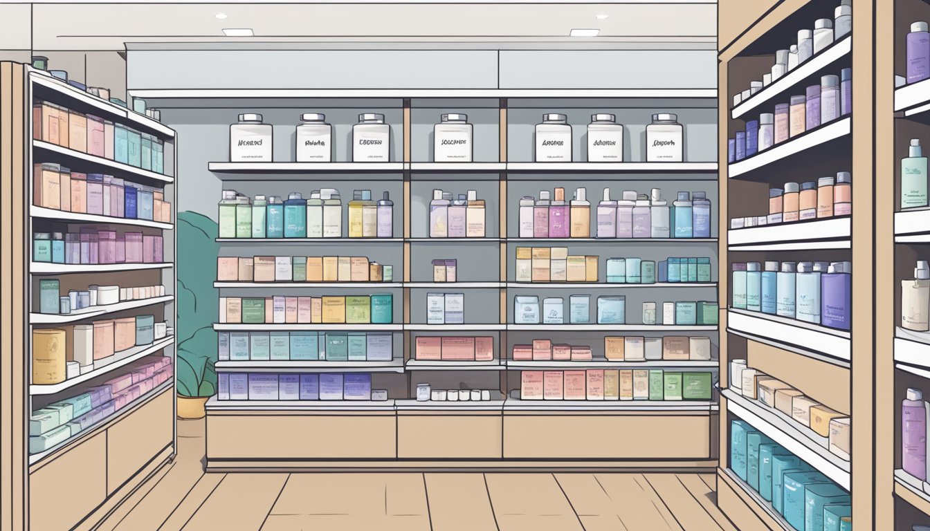 A hand reaches for ZO Skin Health products on a shelf in a modern, well-lit skincare store in Singapore. The products are neatly arranged and labeled, with a variety of options to choose from