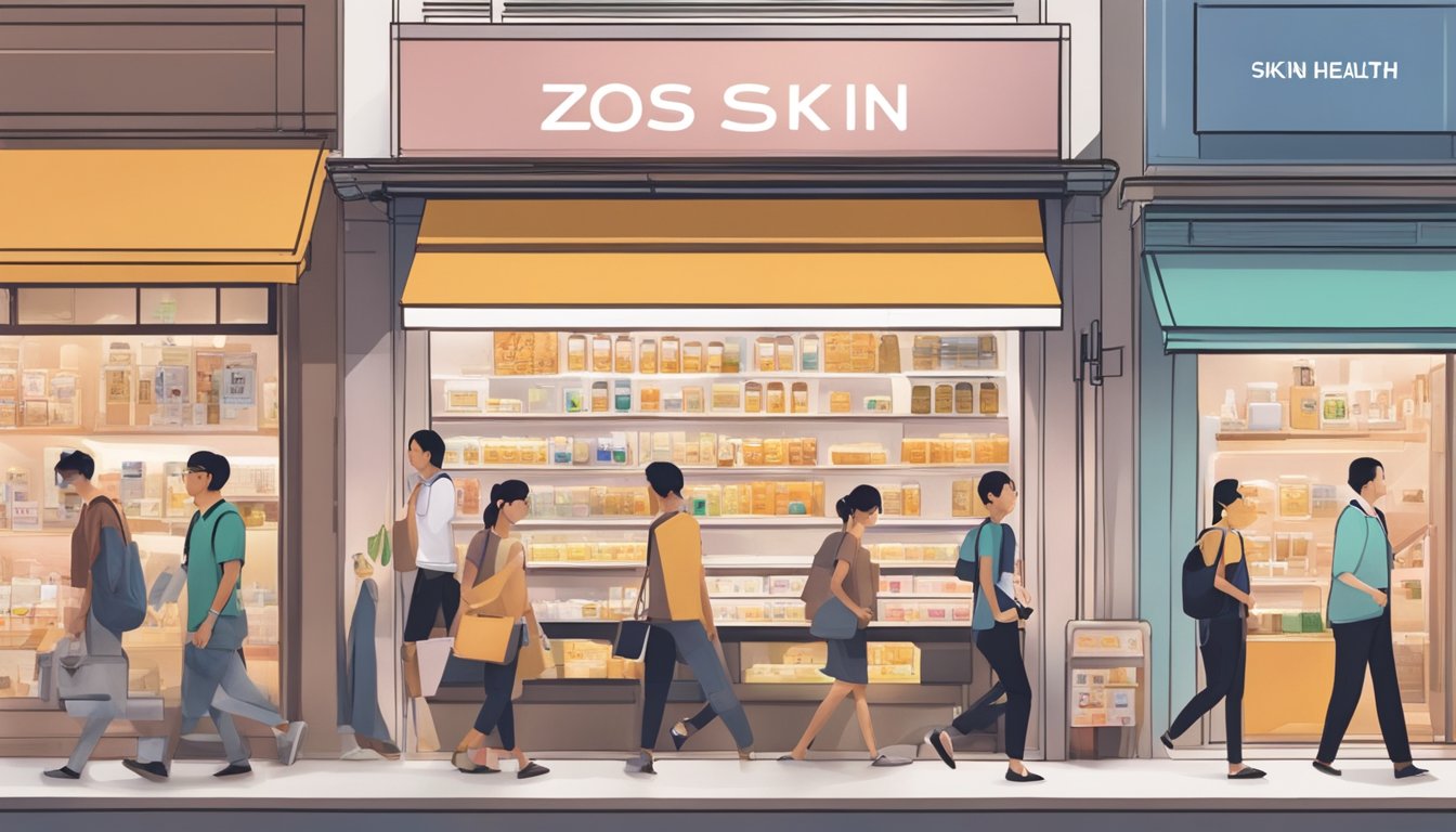 A busy Singapore street with a prominent storefront displaying "ZO Skin Health" products. People passing by, some looking at the store