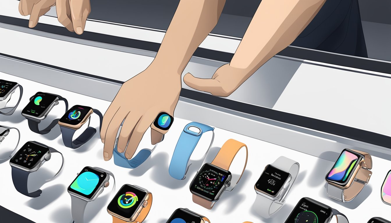 A hand reaches out to select a sleek Apple Watch Series 2 from a display of wearable technology. The watch gleams under the store lights, enticing potential buyers