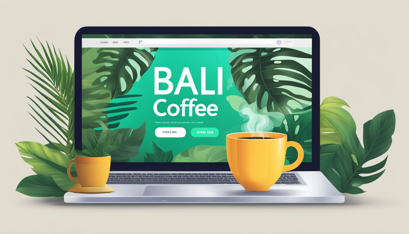 A laptop with a vibrant screen displays a website with "Bali Coffee Buy Online" in bold letters. A cup of steaming coffee sits beside it, surrounded by tropical foliage