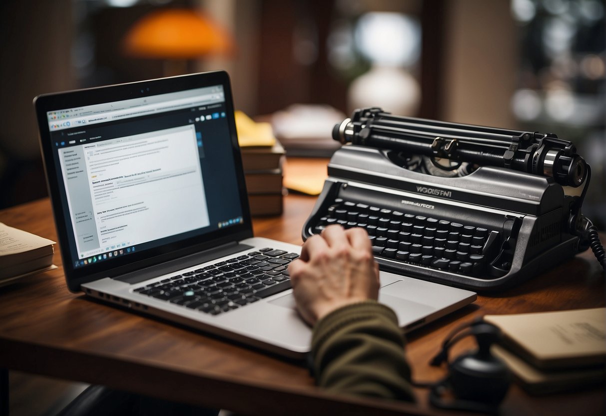 A person setting up WordPress on a computer, surrounded by books and notes on affiliate marketing