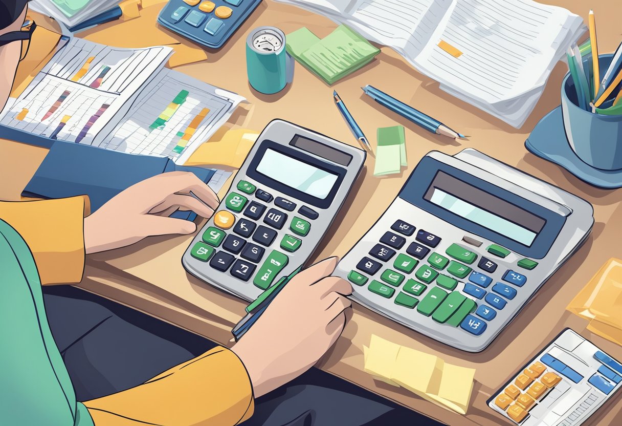 A person organizing financial documents and using a calculator