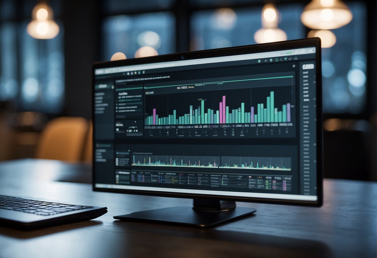 A computer screen shows a progress bar as WordPress is installed. Graphs and charts display performance metrics. Multiple tabs are open, with affiliate site content being edited and optimized