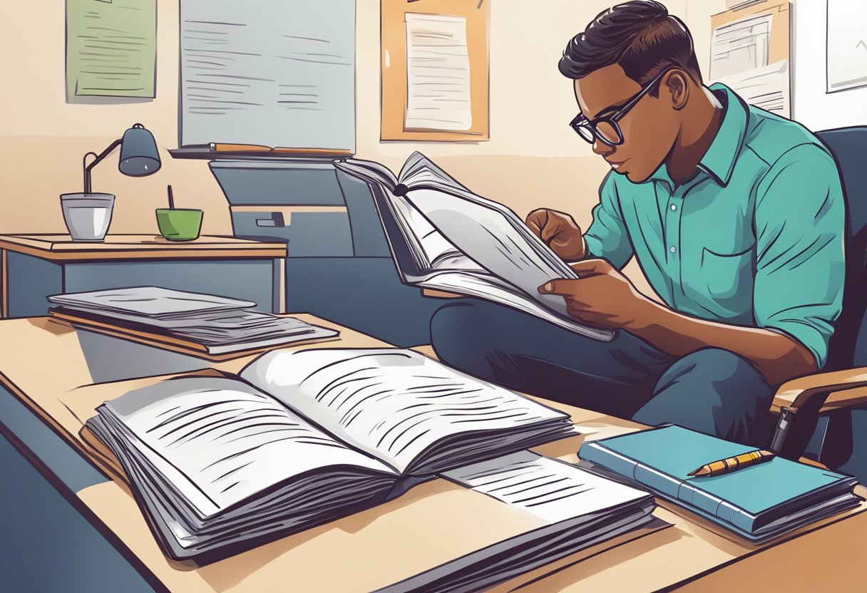 A student reading a financial management guidebook with a pen and notebook on a desk