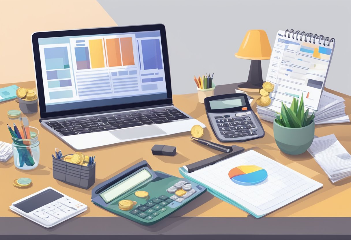 A desk with a laptop, calculator, and financial documents. A piggy bank and a jar of coins on the side. A budget planner and a pen are also on the desk