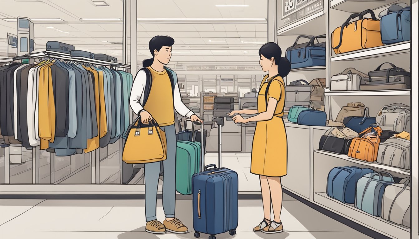 A traveler purchases Away luggage at a store in Singapore