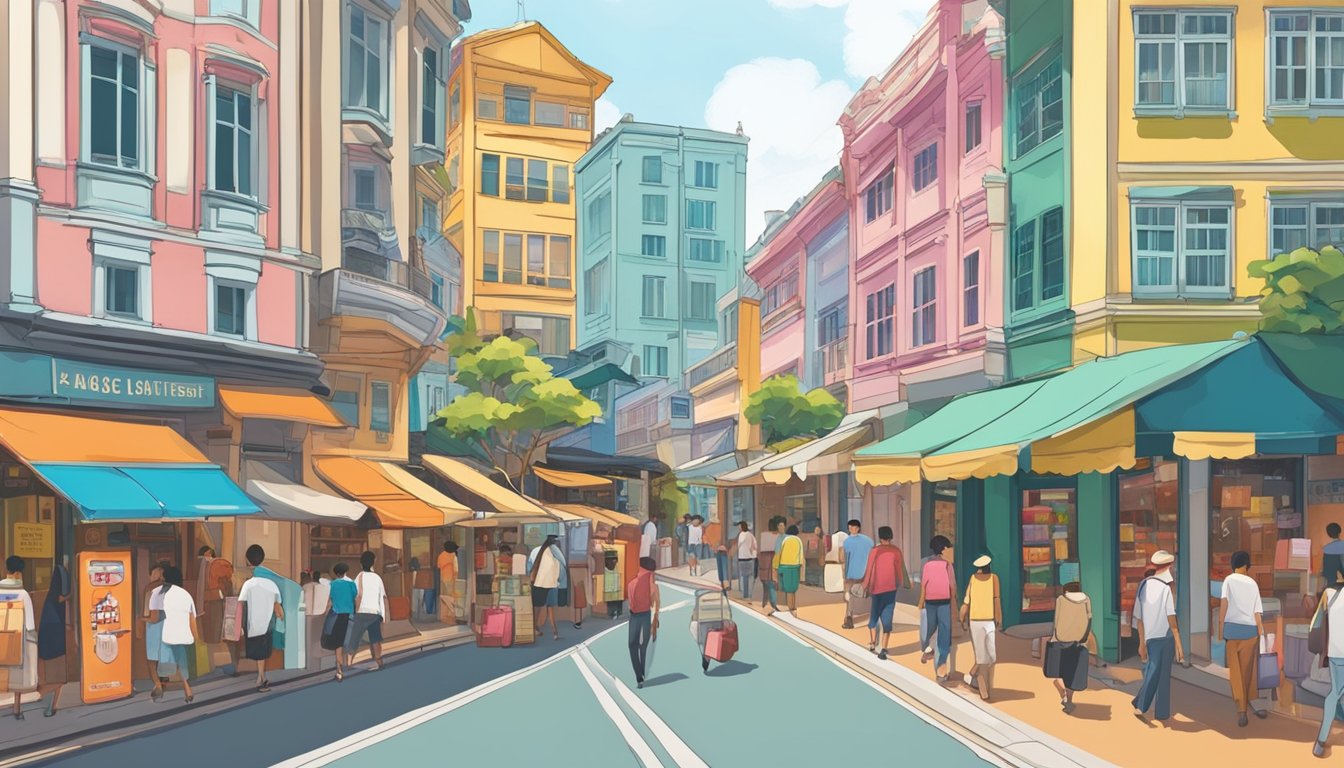 A bustling street in Singapore, with colorful storefronts and vibrant signage, showcasing the best luggage shops. Pedestrians walk by, some carrying newly purchased suitcases