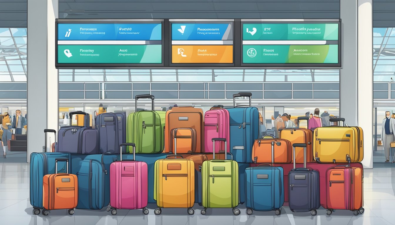 A stack of colorful suitcases with "Frequently Asked Questions" displayed on a screen in a bustling airport terminal