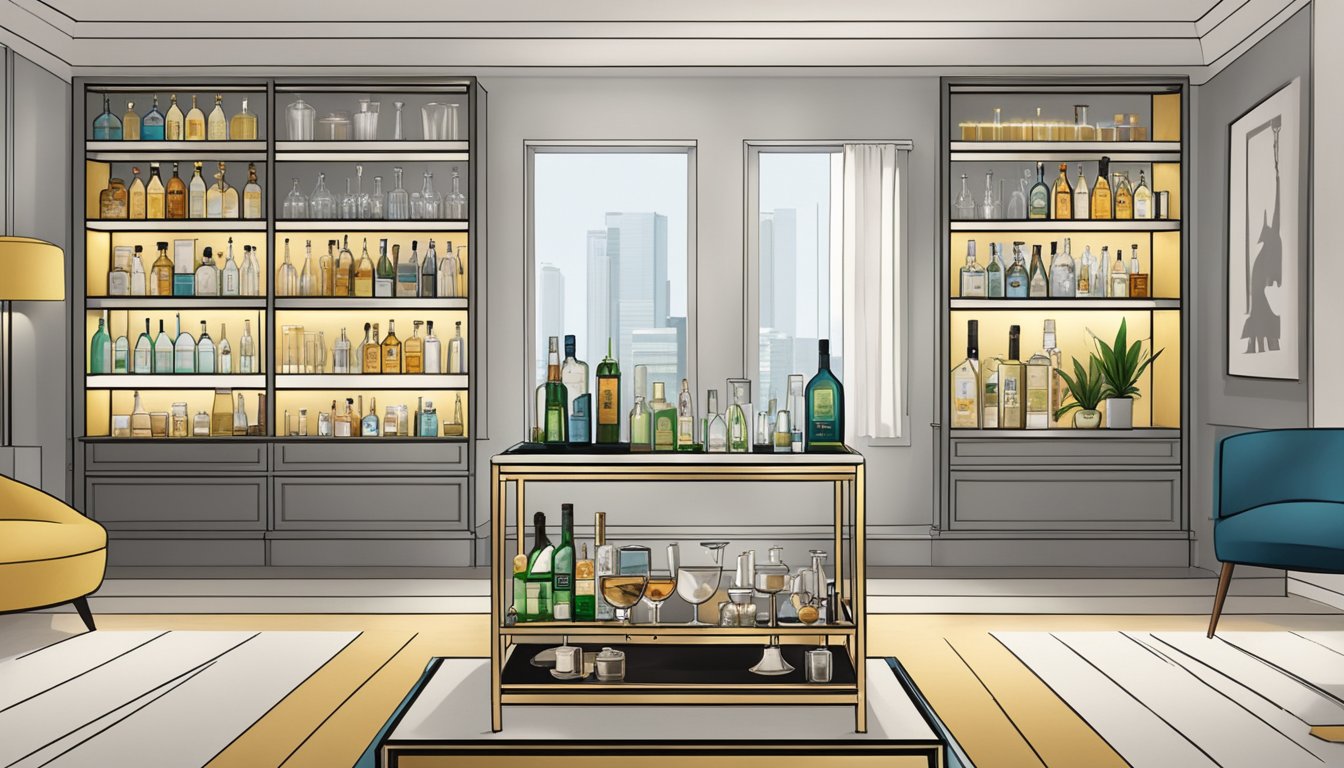A sleek bar cart in a modern Singapore living room. Shelves stocked with crystal decanters, cocktail shakers, and a variety of spirits