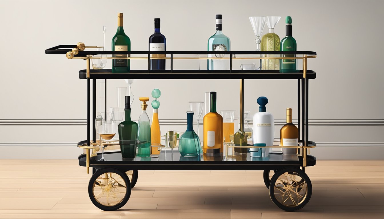 A stylish bar cart sits in a well-lit room, adorned with a variety of glassware, bottles, and cocktail accessories. The cart exudes sophistication and elegance, with its sleek design and carefully curated contents