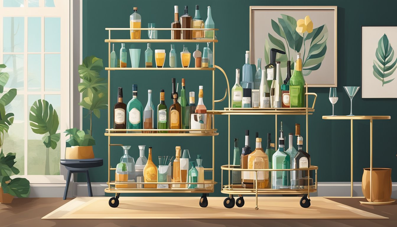 A bar cart is stocked with a variety of glassware, bottles of alcohol, cocktail shakers, and decorative accessories. The cart is positioned in a stylish and well-lit room, with a few carefully arranged bar tools nearby