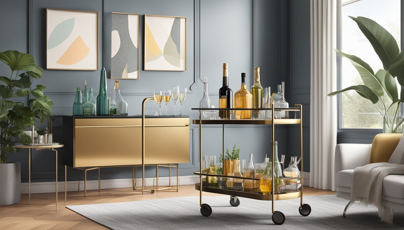A sleek bar cart with bottles and glassware, set against a backdrop of stylish home decor and a modern interior