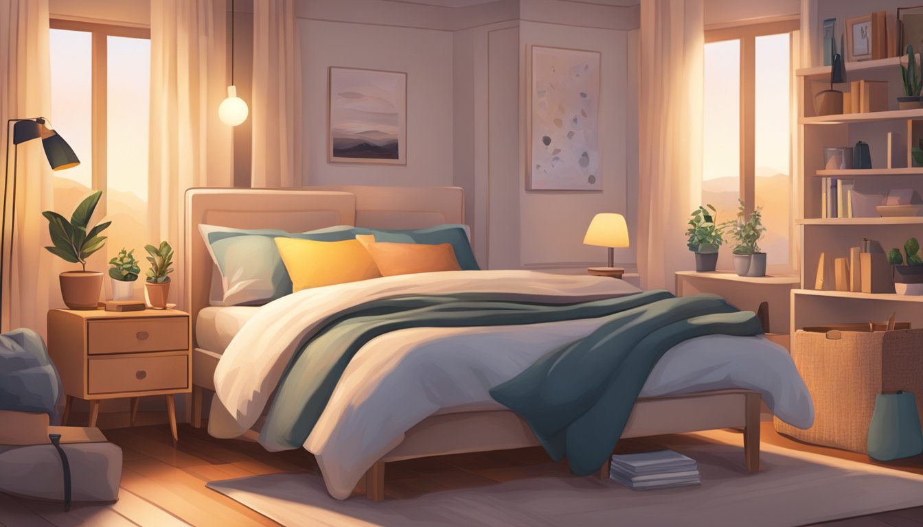 A cozy bedroom with a variety of beds displayed, glowing with warm lighting, and a laptop open to an online shopping website