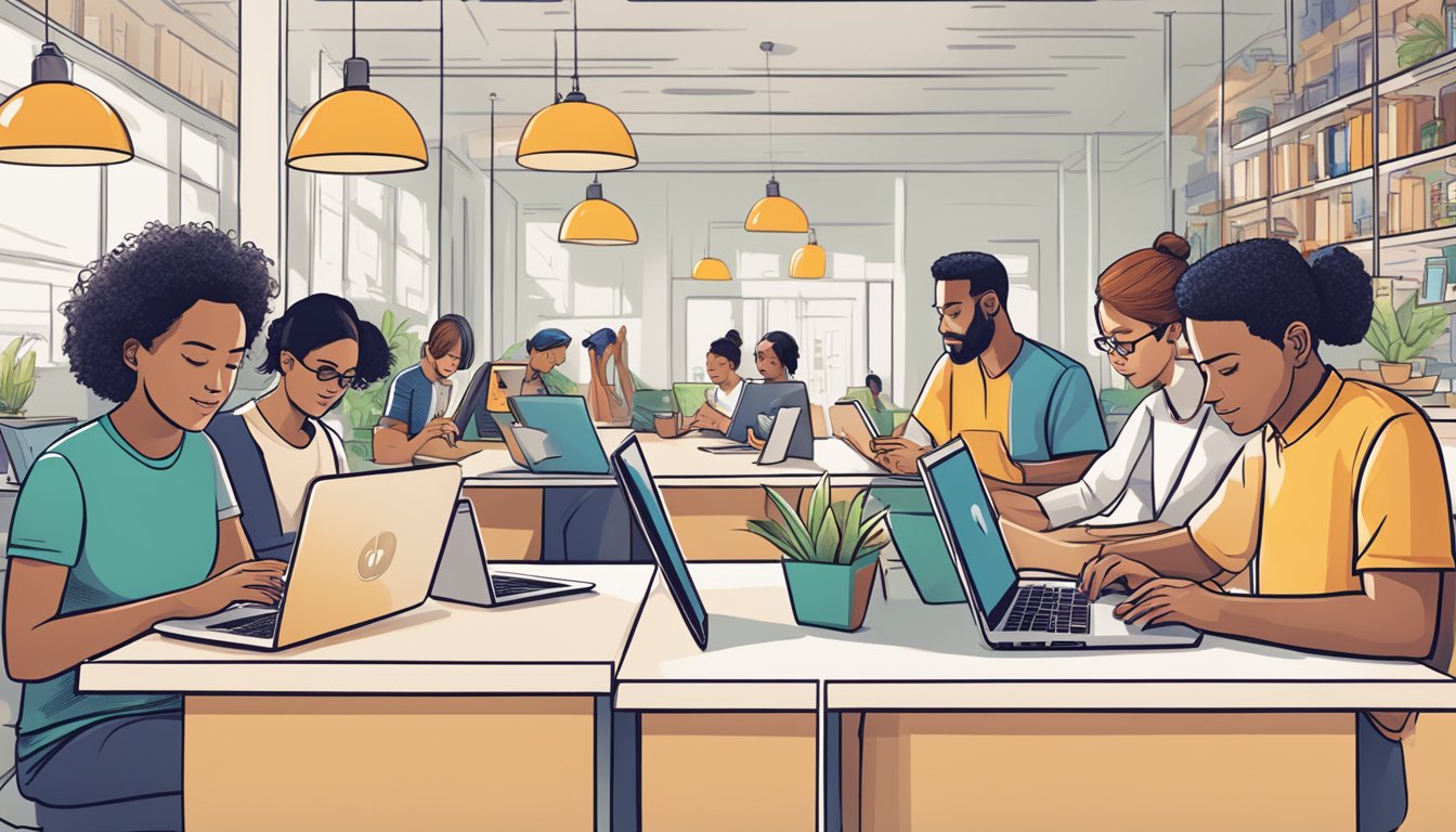Customers browsing laptops, tablets, and phones while reading FAQs on Amazon's website
