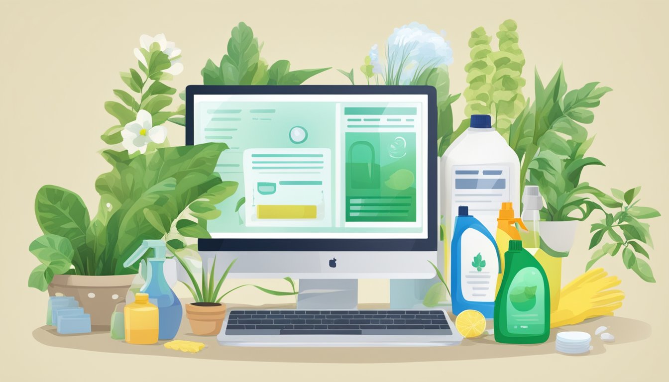 A table with various household items: detergent, cleaning supplies, and plants. A computer displaying "Benefits and Uses of Borax" on a website