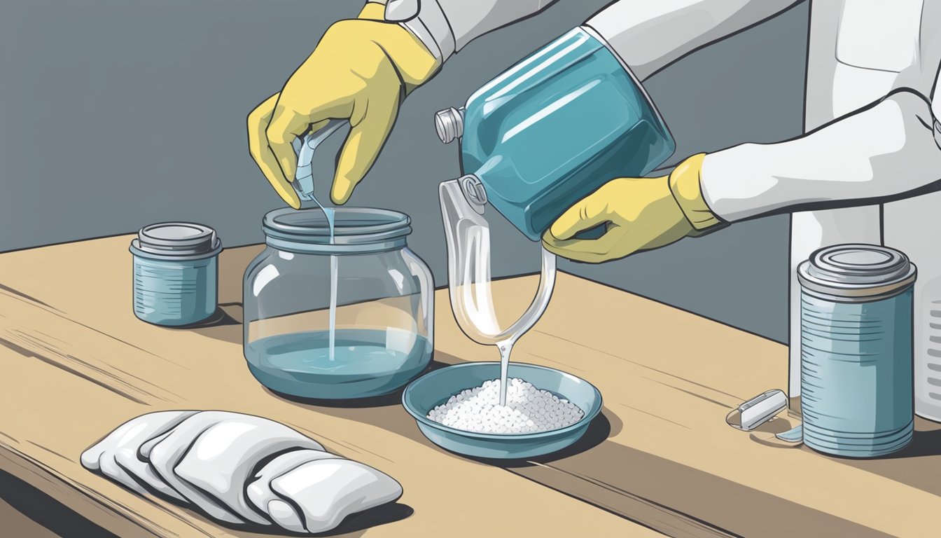 A hand pouring borax into a labeled container. Safety goggles and gloves nearby