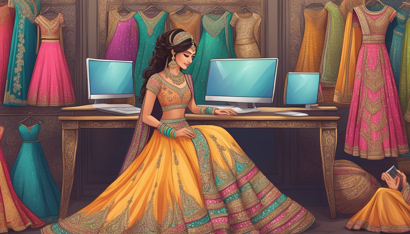 A bride-to-be browsing a variety of colorful and ornate bridal lehengas on her computer screen