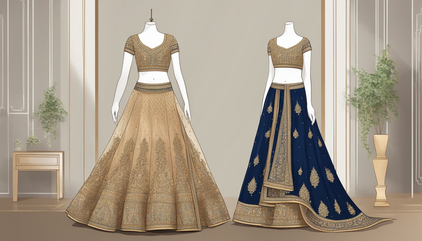 A stunning bridal lehenga displayed on a mannequin in an elegant online boutique