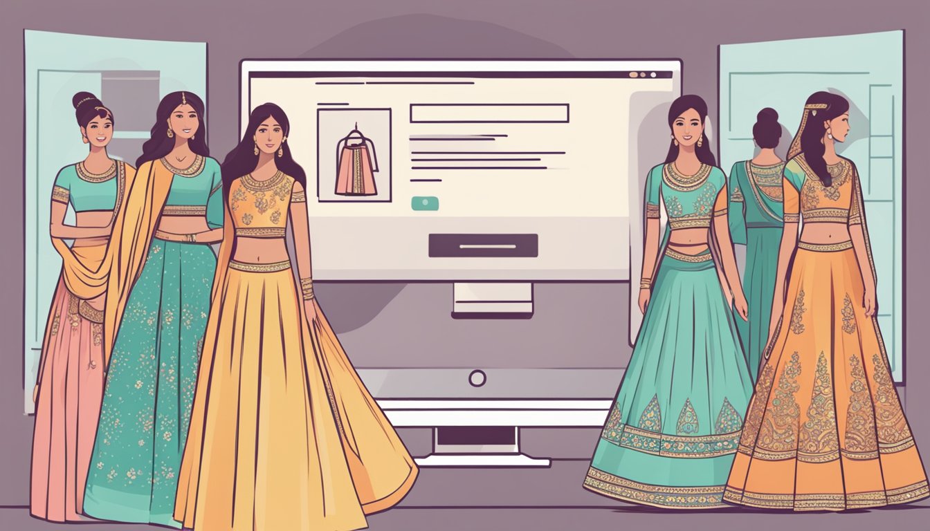 A computer screen with a website displaying various bridal lehengas. Text reads "Frequently Asked Questions buy bridal lehenga online."