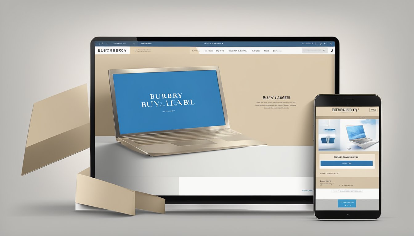 A computer screen displaying the Burberry Blue Label website with a cursor clicking on the "buy" button