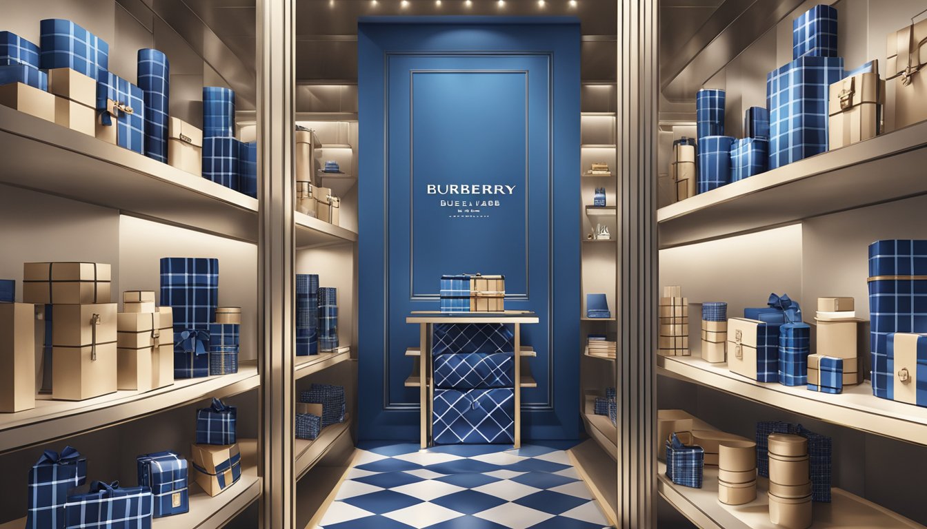A brightly lit display of Burberry Blue Label products, neatly arranged on shelves with the iconic checkered pattern and elegant packaging