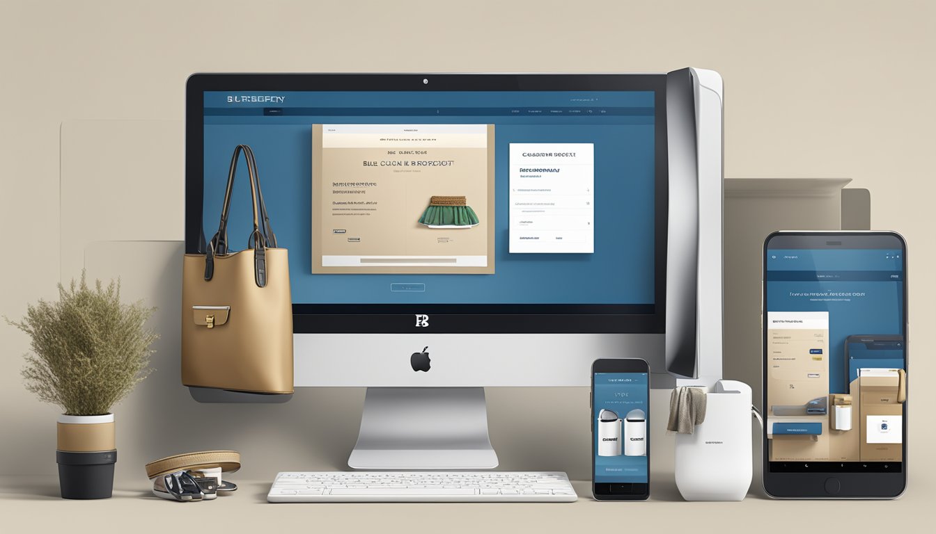 A computer screen displaying the Burberry Blue Label website with a variety of products, a secure checkout process, and a mobile-friendly interface