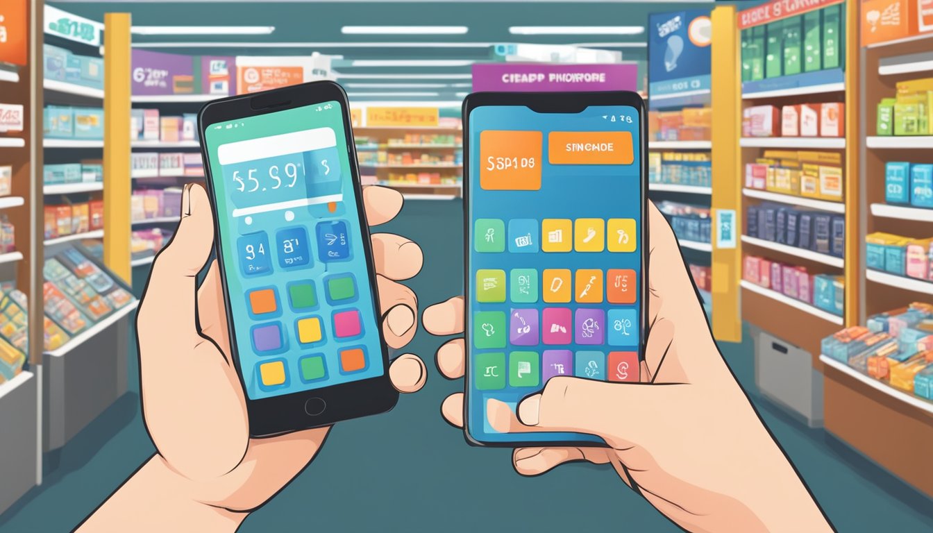 A hand holding a smartphone with a price tag reading "cheap phone Singapore" in a bustling electronics store