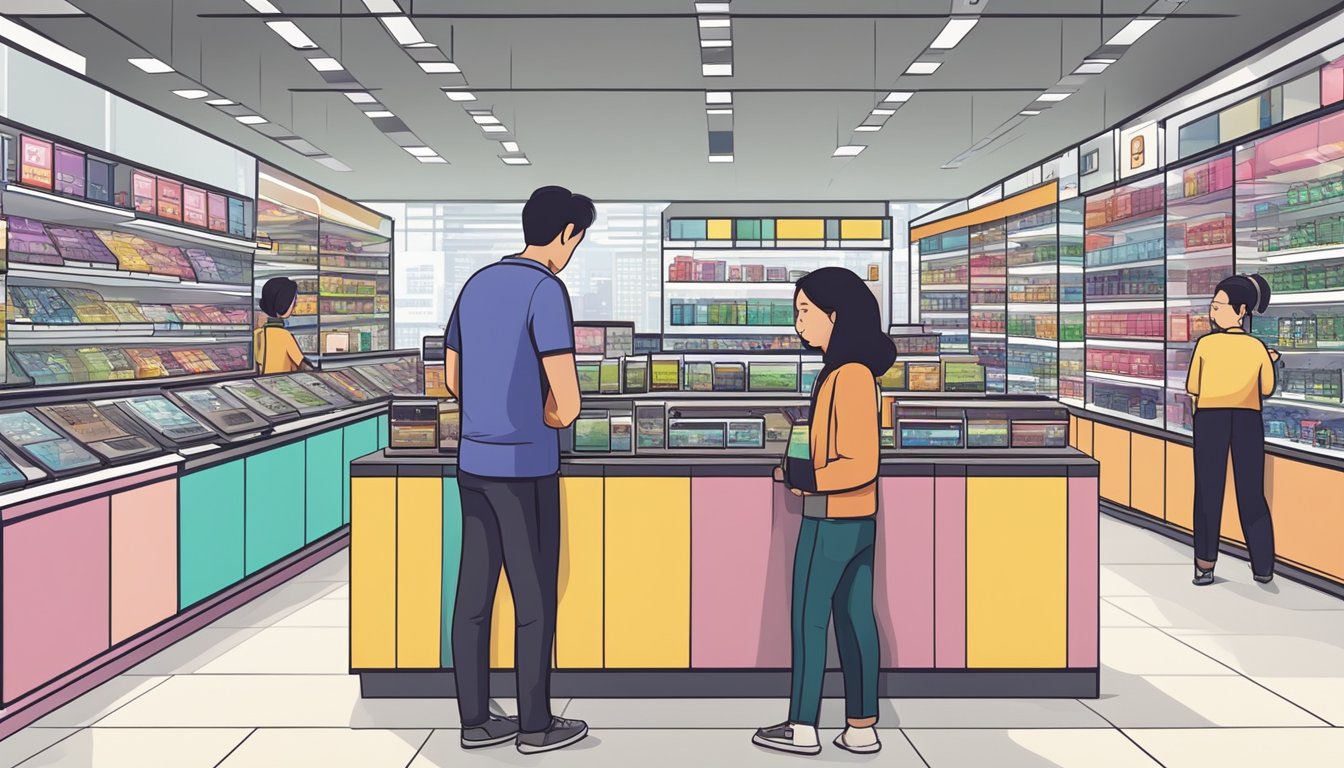 Customers comparing prices at electronic stores in Singapore for budget smartphones