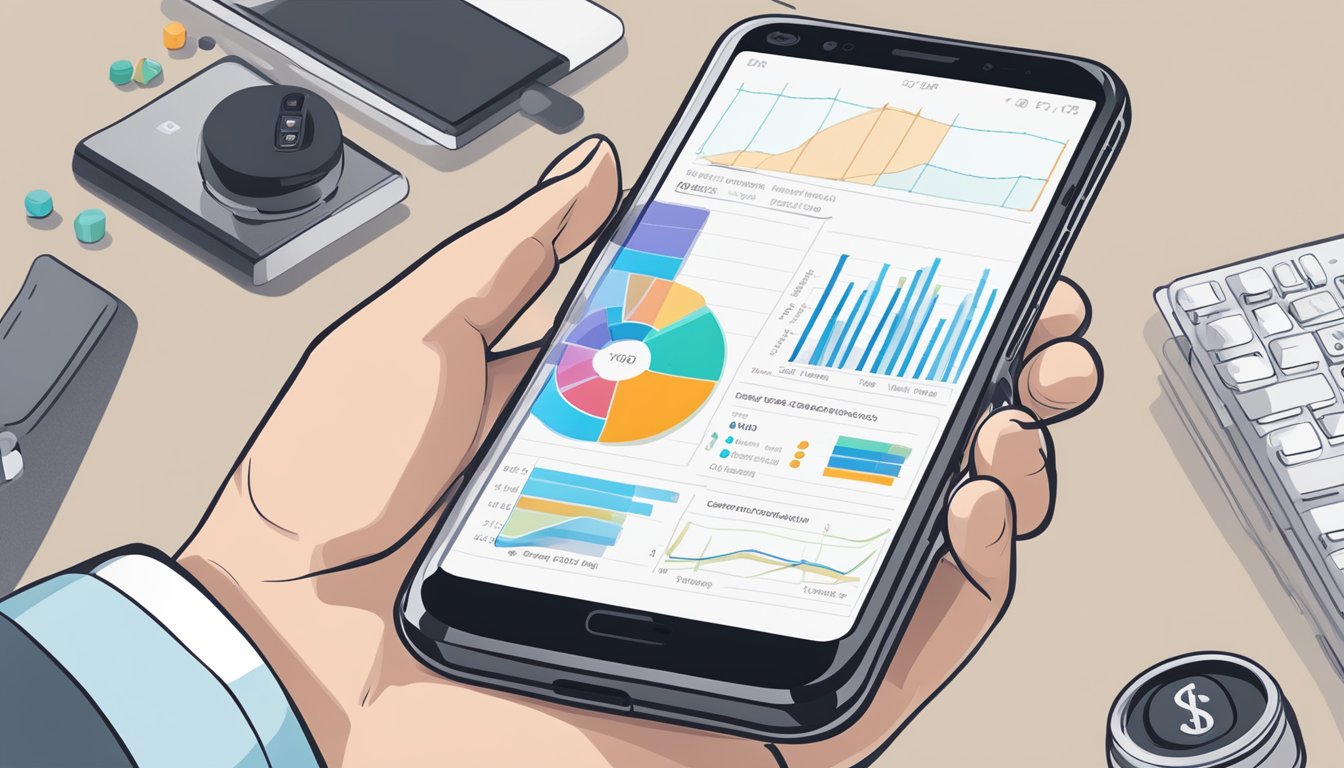 A hand holding a budget phone with various features highlighted: price, performance, camera, battery life, and display quality