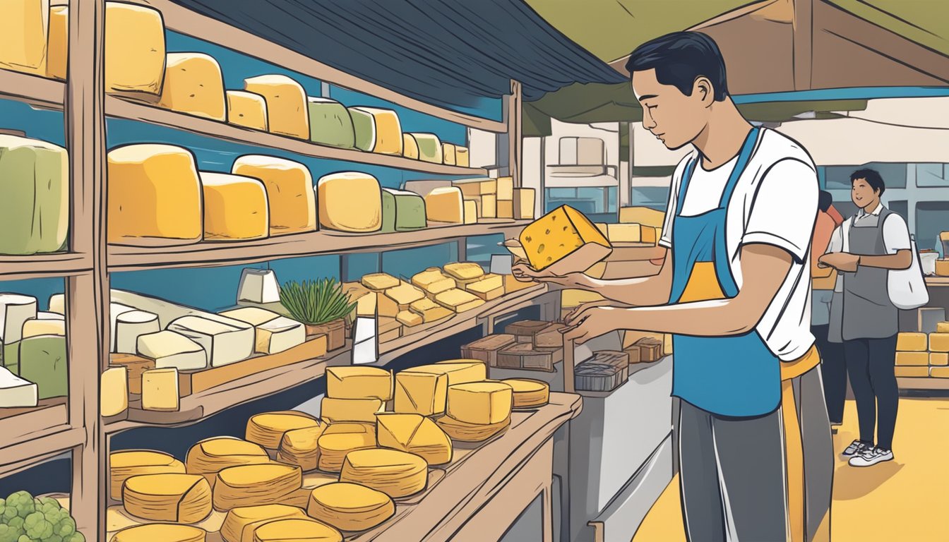 A person purchasing cheese at a market in Singapore