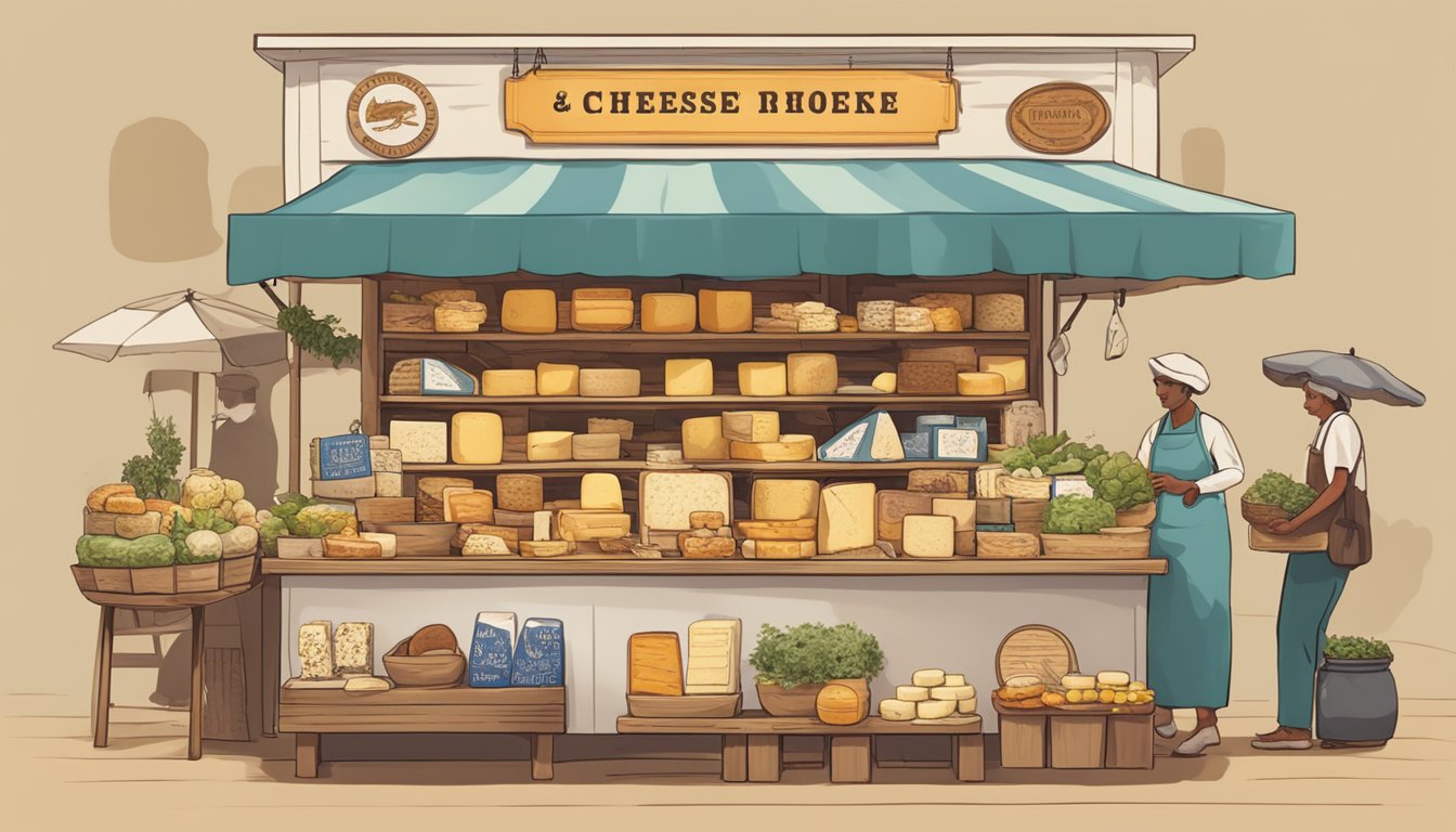 A bustling market stall displays an array of artisanal cheeses from around the world, with colorful signs advertising their origins and flavors