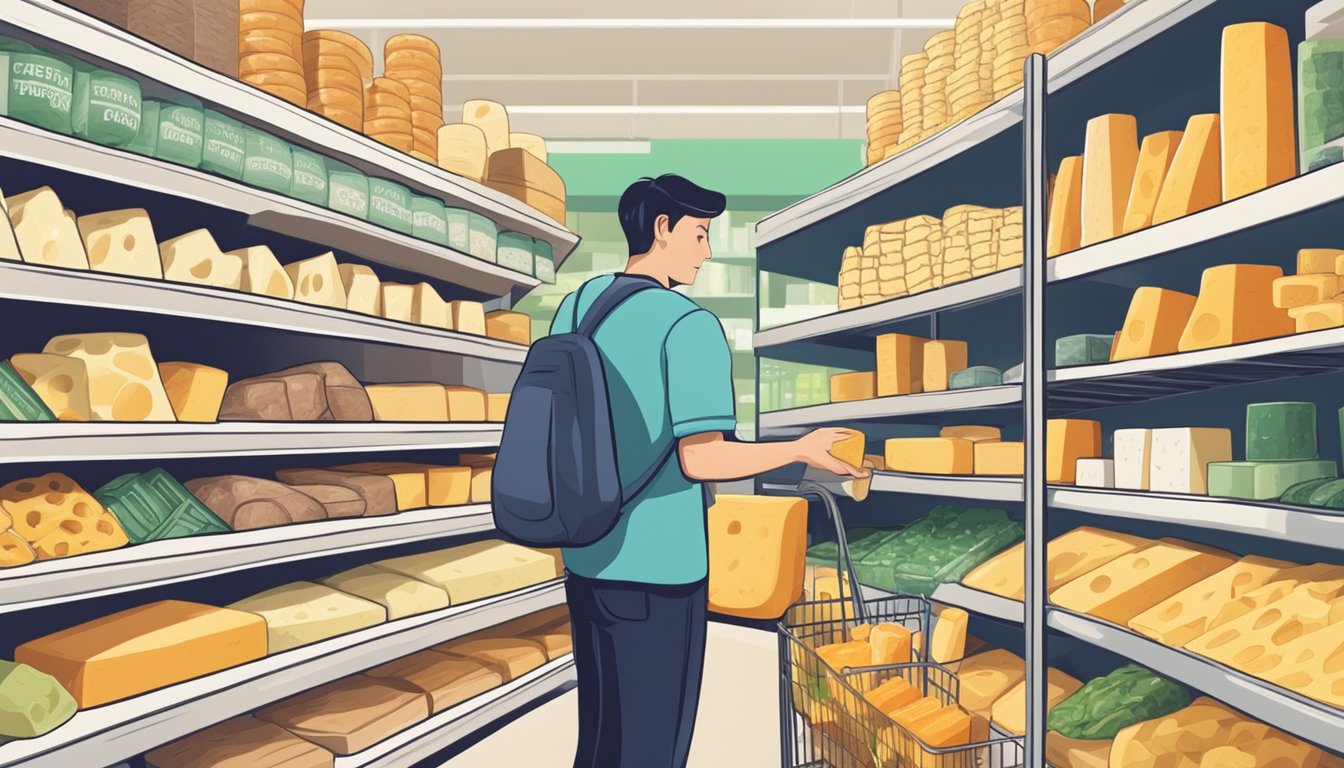 Customers browsing shelves of various cheese products with a sign "Frequently Asked Questions" in a Singaporean grocery store