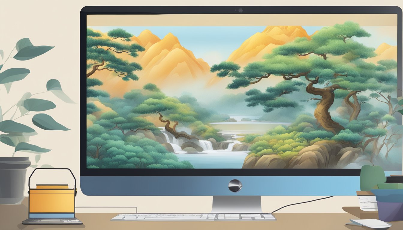 Colorful traditional Chinese paintings displayed on a computer screen, with a "buy now" button below