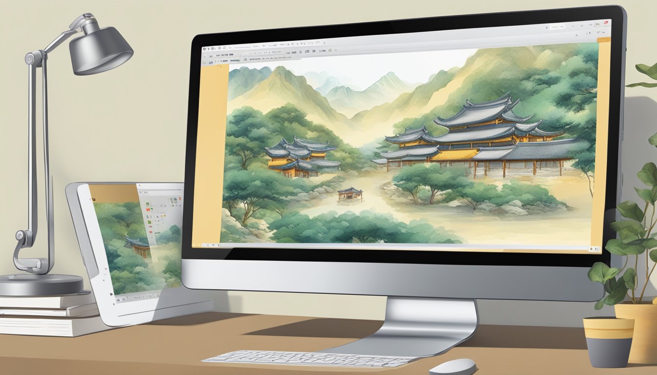 A computer screen displaying traditional Chinese paintings with a "buy now" button