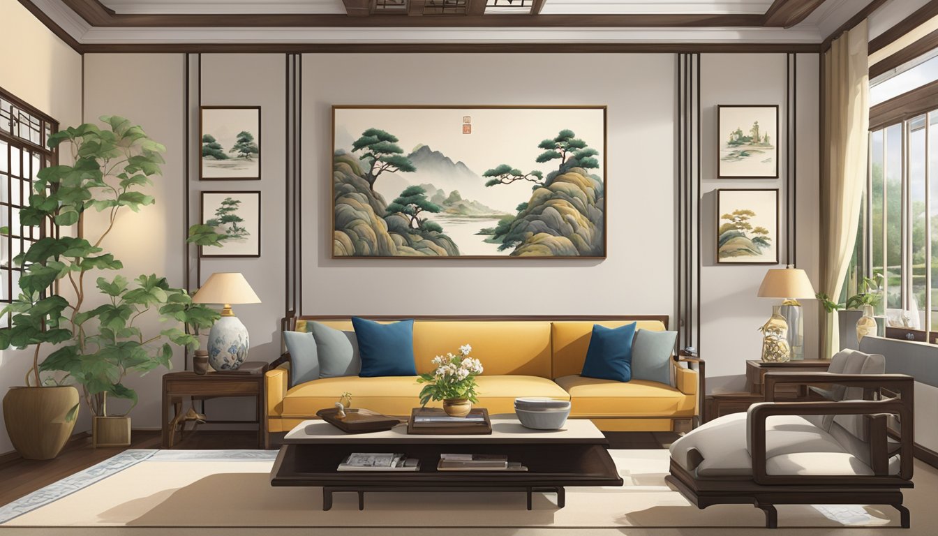 A serene living room adorned with traditional Chinese paintings, adding depth and cultural richness to the space