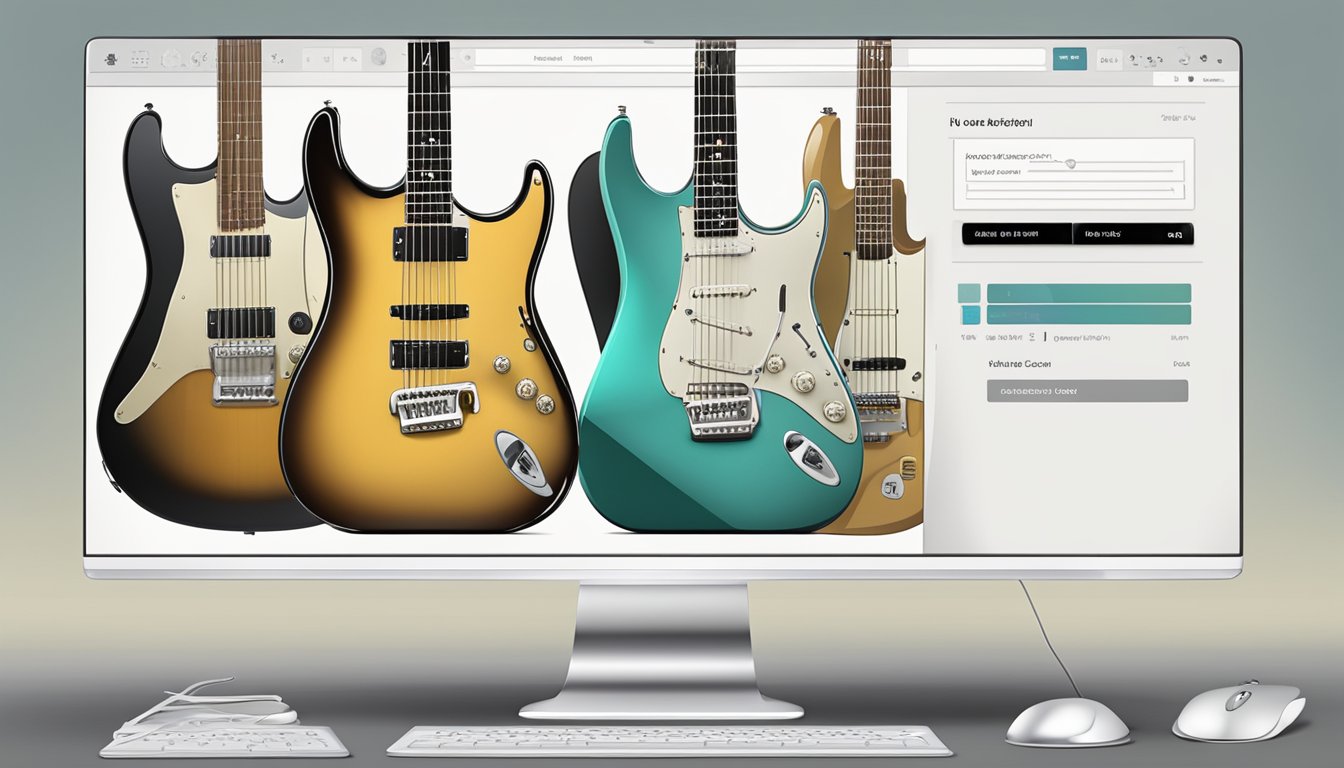 A computer screen displaying a website with a variety of classical guitars for sale. A cursor hovers over the "buy now" button