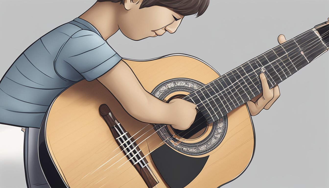 A person clicks "add to cart" for a classical guitar online. Later, they carefully polish and tune the instrument