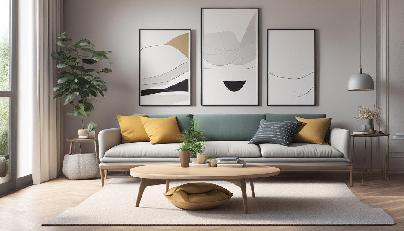 A modern living room with a sleek, minimalist coffee table in the center, surrounded by a comfortable sofa and stylish decor