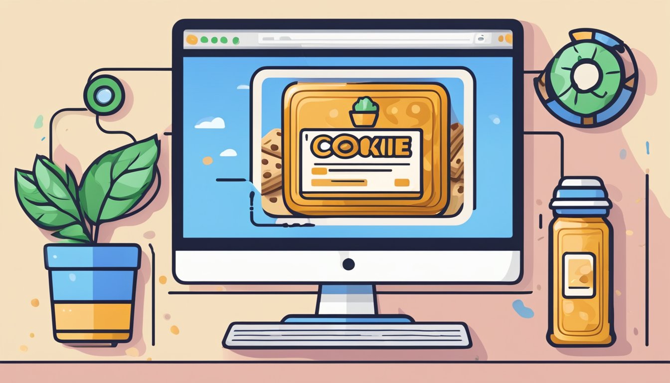 A computer screen displaying a website with a cart icon and "buy cookie butter online" button