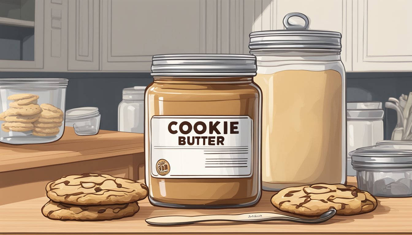 A jar of cookie butter sits on a kitchen counter, next to a stack of freshly baked cookies. A spoon is dipped into the creamy spread, ready to be used in a recipe