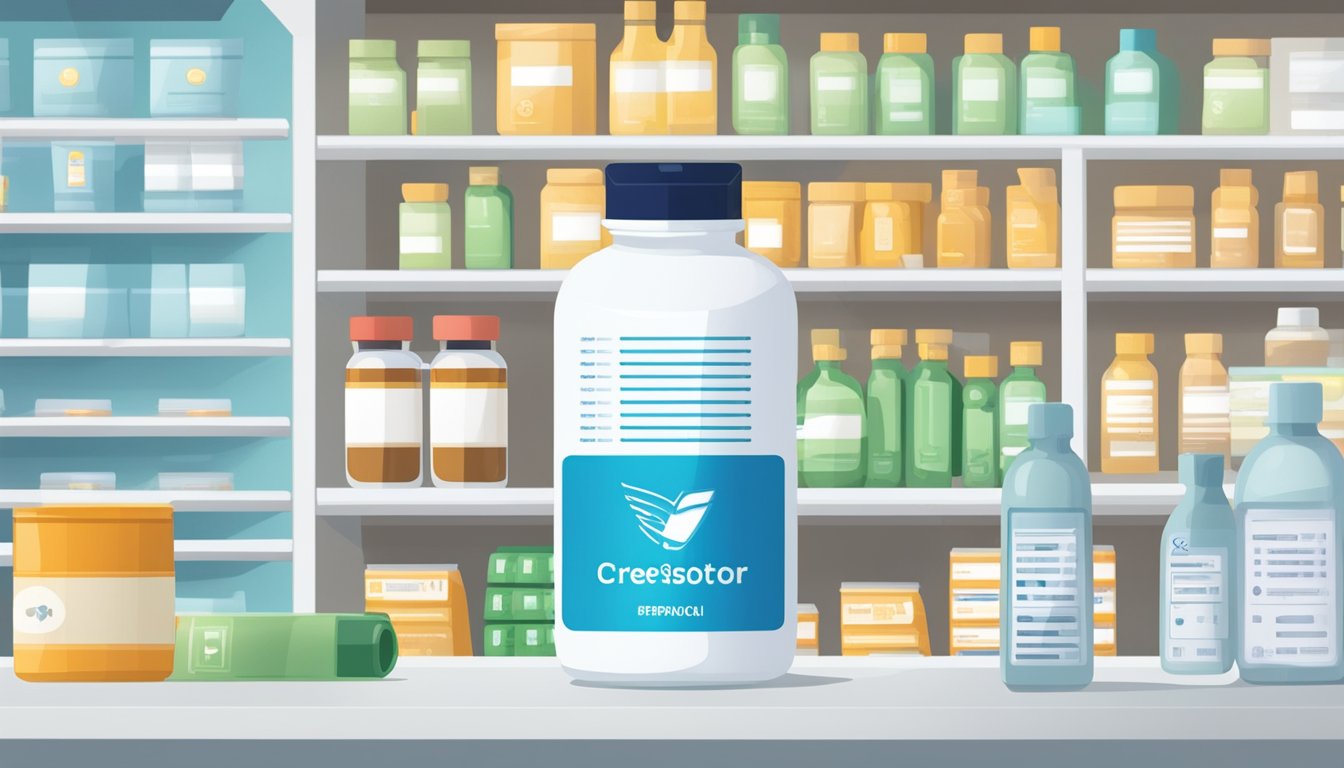 A bottle of Crestor sits on a pharmacy shelf, with a label highlighting its benefits. A doctor's prescription pad and a computer screen with online ordering options are visible in the background