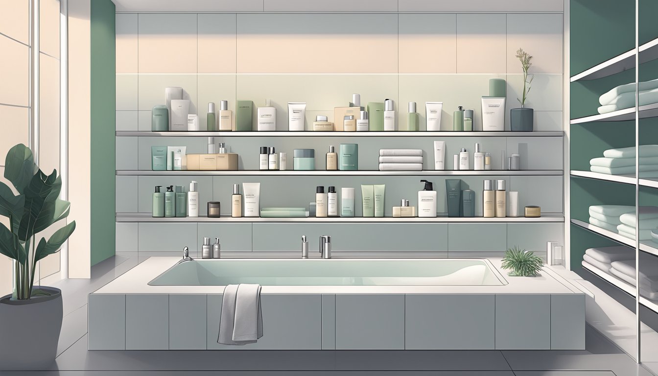 A serene, minimalist bathroom with shelves of dermalogica products, soft lighting, and a calming color palette