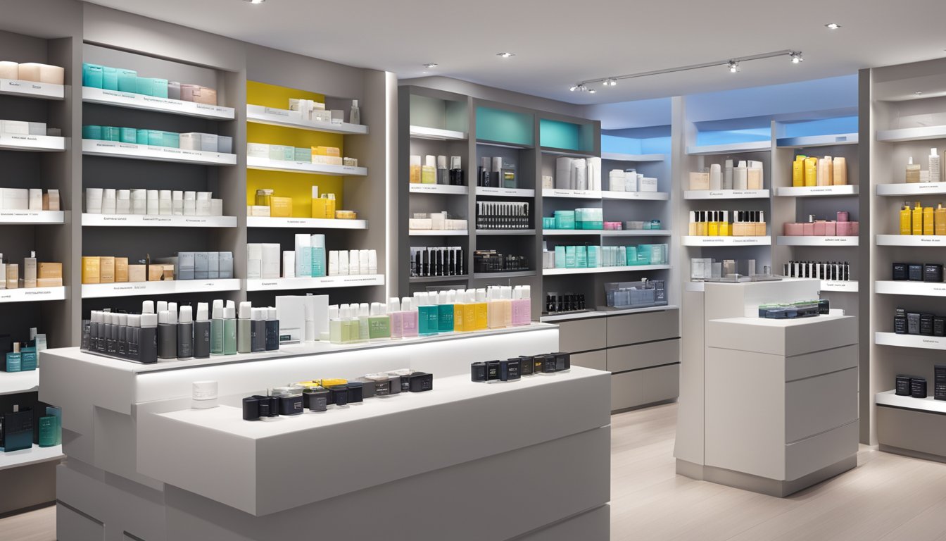 An array of Dermalogica's best-selling products displayed on shelves, with the brand's logo prominently featured. The backdrop is a clean and modern setting, with soft lighting to highlight the products