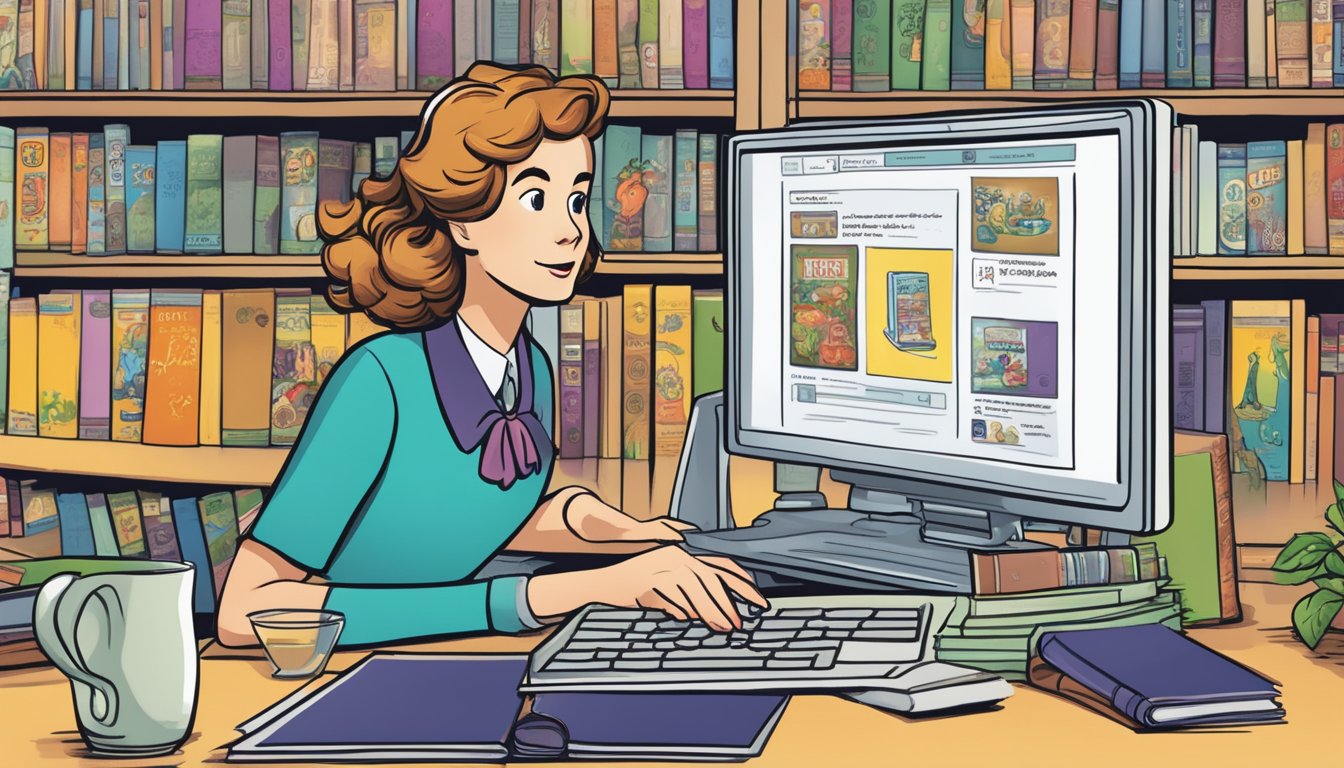 A computer screen displays a website with a variety of Enid Blyton books for sale. A cursor hovers over the "Add to Cart" button