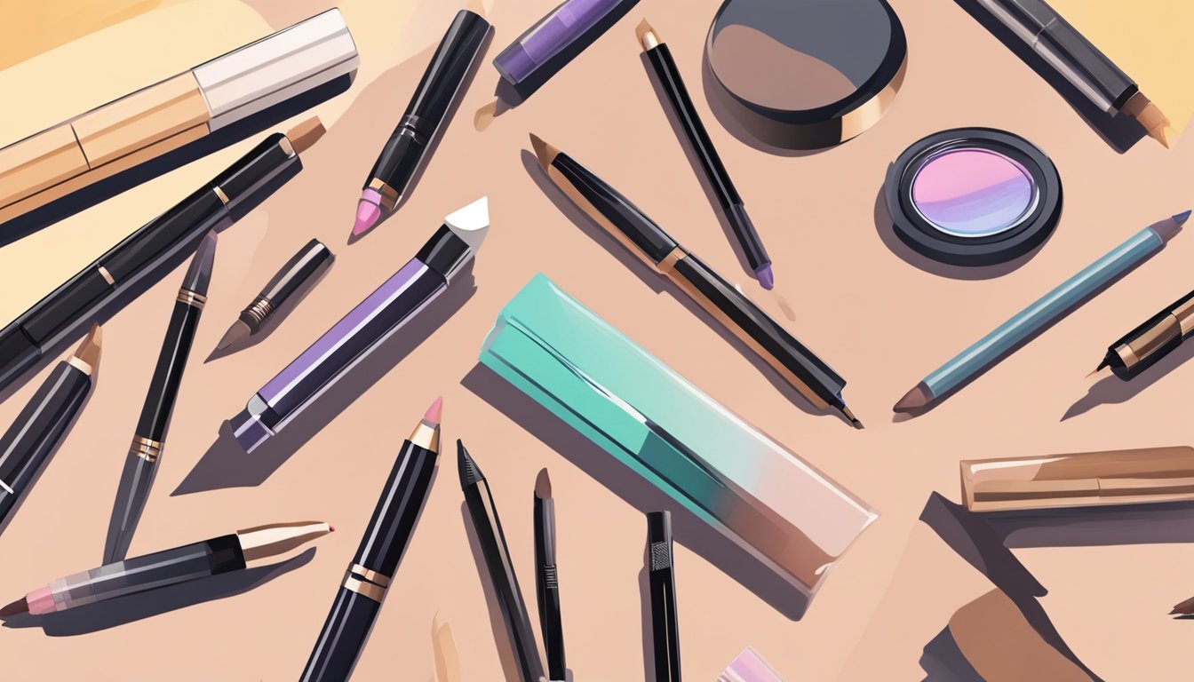 A hand holds an eyebrow pencil, hovering over a selection of various shades and textures displayed on a makeup counter