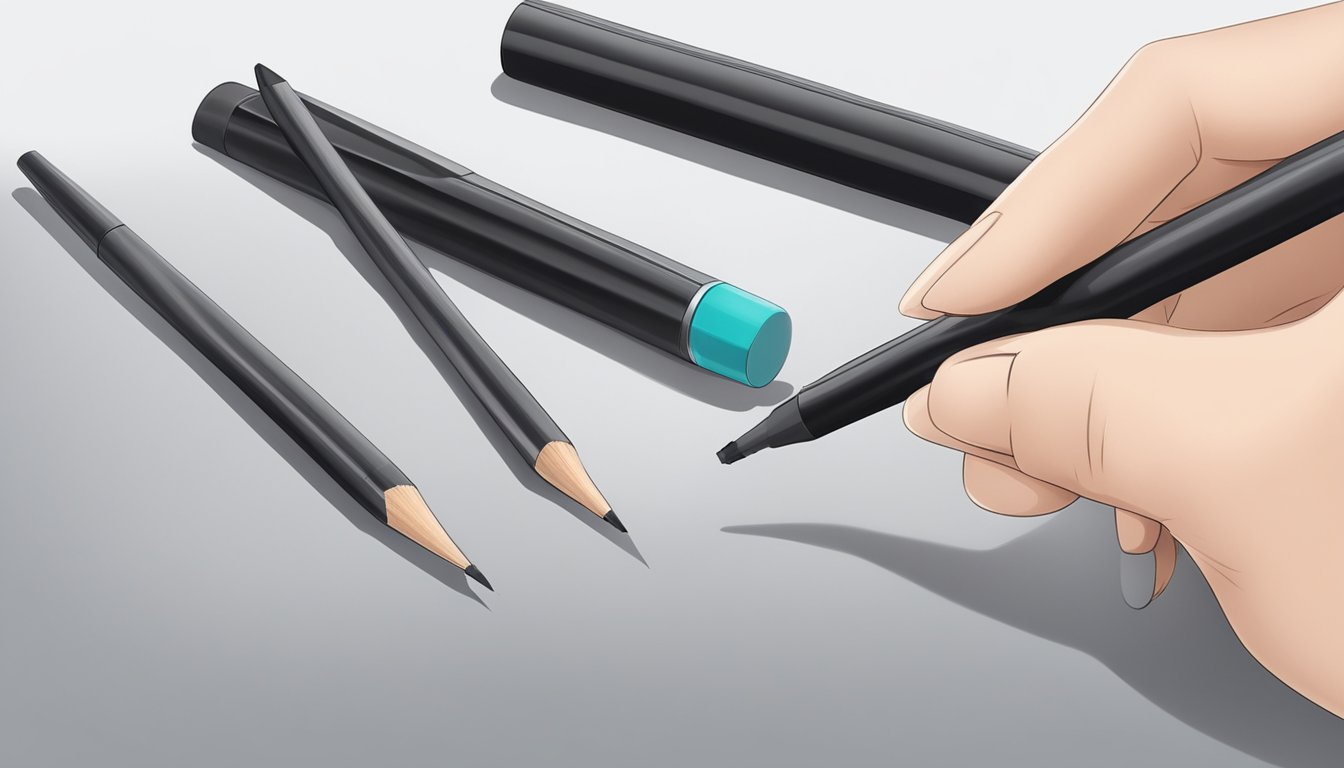 A hand holds an eyebrow pencil, gently filling in sparse areas. After use, the cap is replaced and the pencil is stored in a cool, dry place