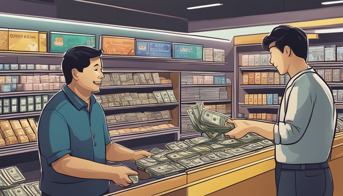 A person handing money to a seller at a film store in Singapore