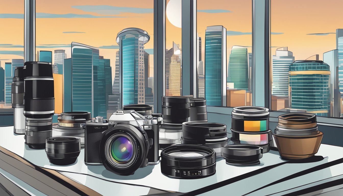 A table with various film photography essentials: camera, film rolls, light meter, tripod, and lens filters. Singapore cityscape in the background